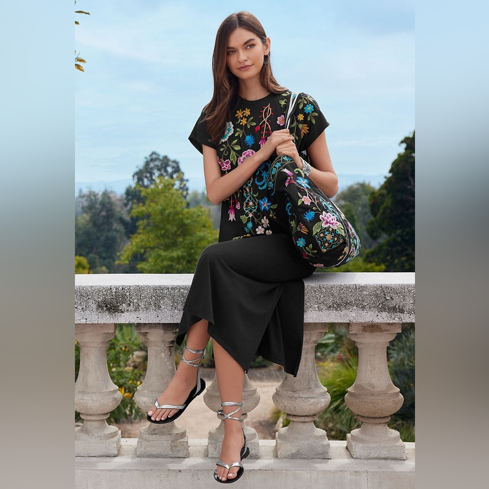 NWT Johnny Was SHERI RELAXED KNIT $198 Black Floral Embroidered Maxi Dress